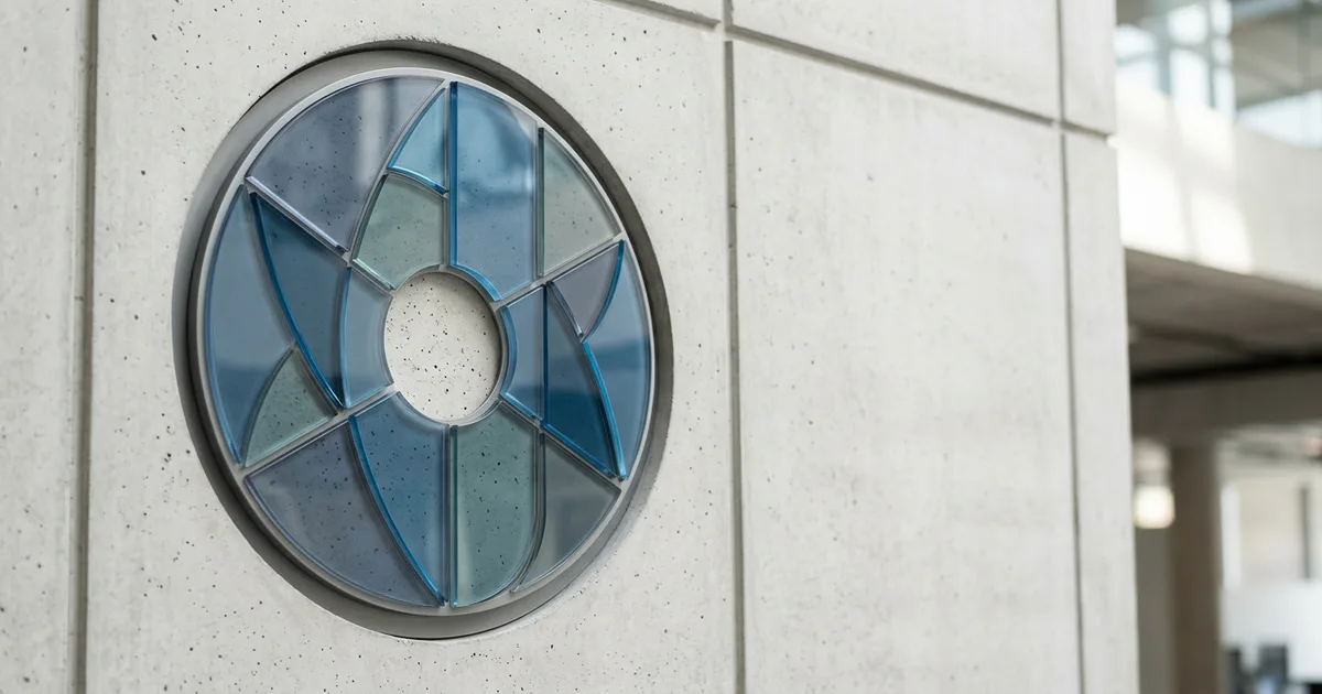 Abstract translucent blue and grey shapes forming a simple grounded circular emblem.