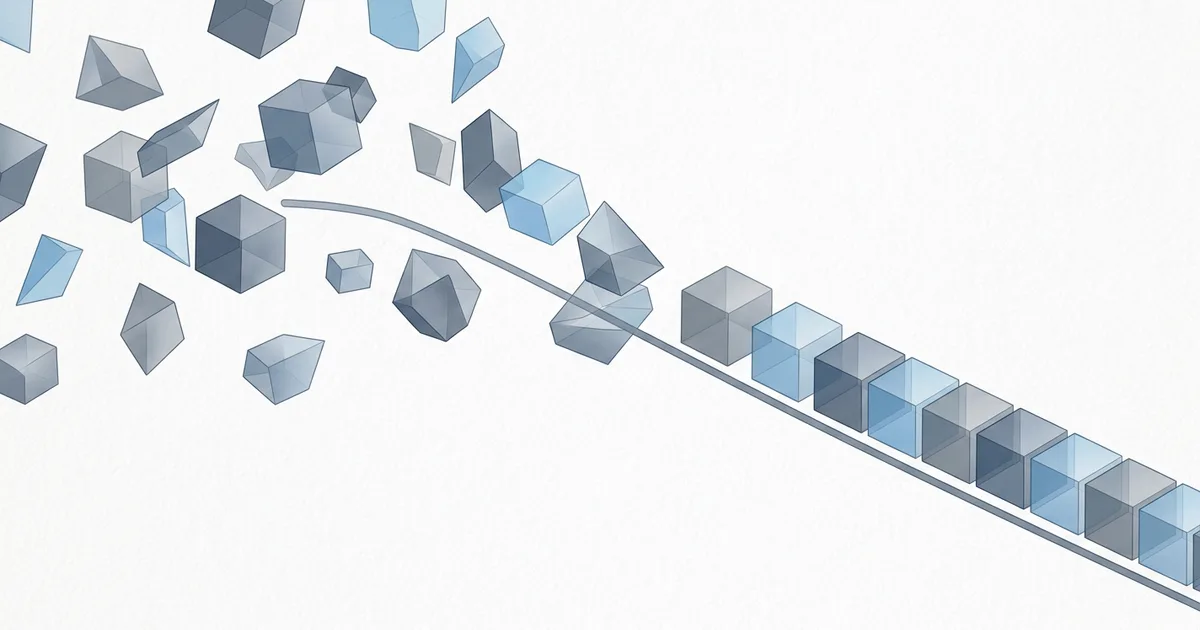 Abstract translucent blue and grey shapes drawn along a guiding line into a precisely aligned row.