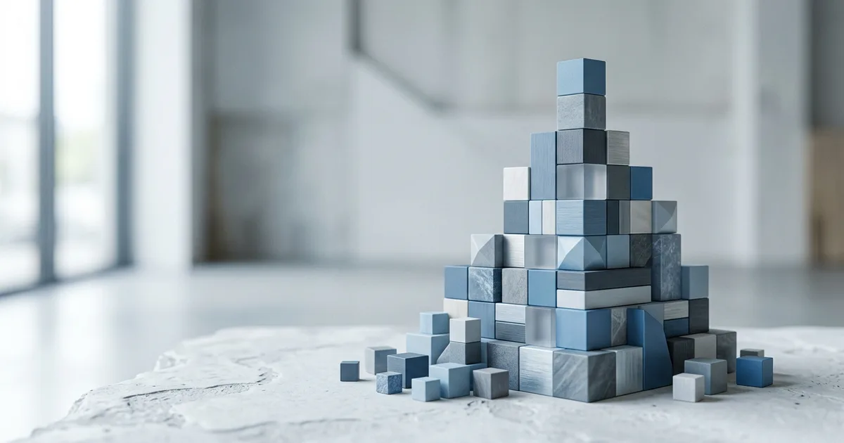 Abstract translucent blue and grey shapes assembling into a larger stable stacked formation.