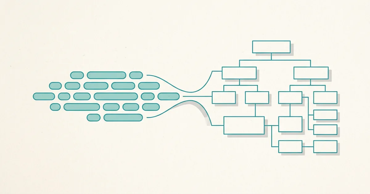Rounded shapes standing for a spoken phrase flow rightwards and reorganise into a connected diagram of rectangles.