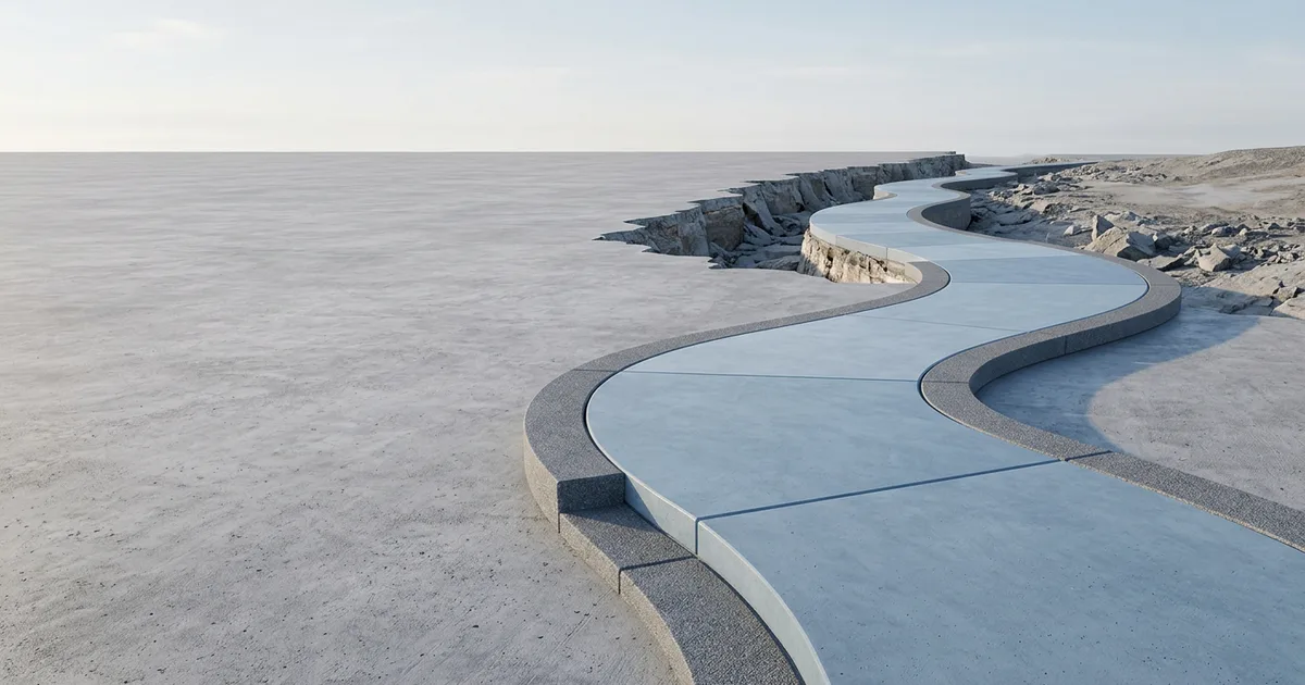 Abstract translucent blue and grey shapes forming a smooth path that stops at a fractured edge.