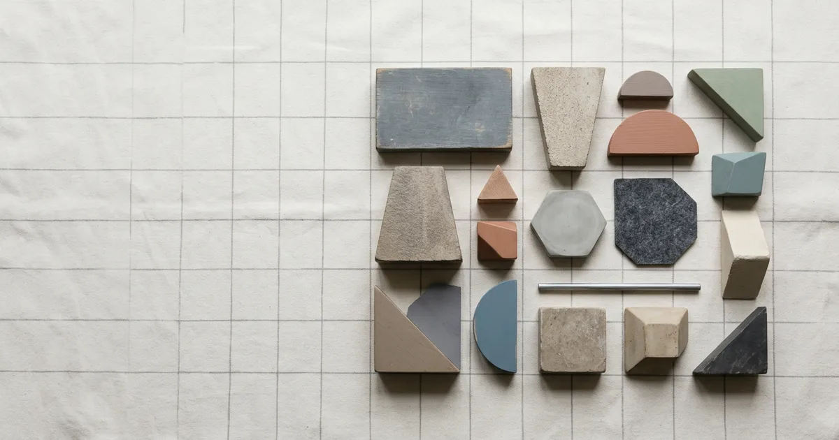 An abstract arrangement of distinct geometric shapes of varying sizes on a soft grid, symbolising a landscape of separate tools.